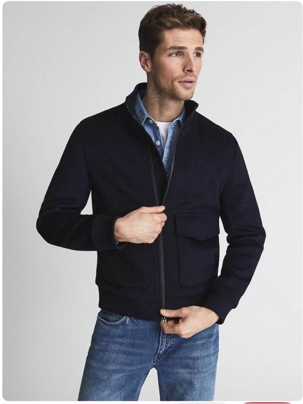 Reiss Dunstan Wool Blend Blouson Zip Up Jacket Minimalist Navy Blue Size Large